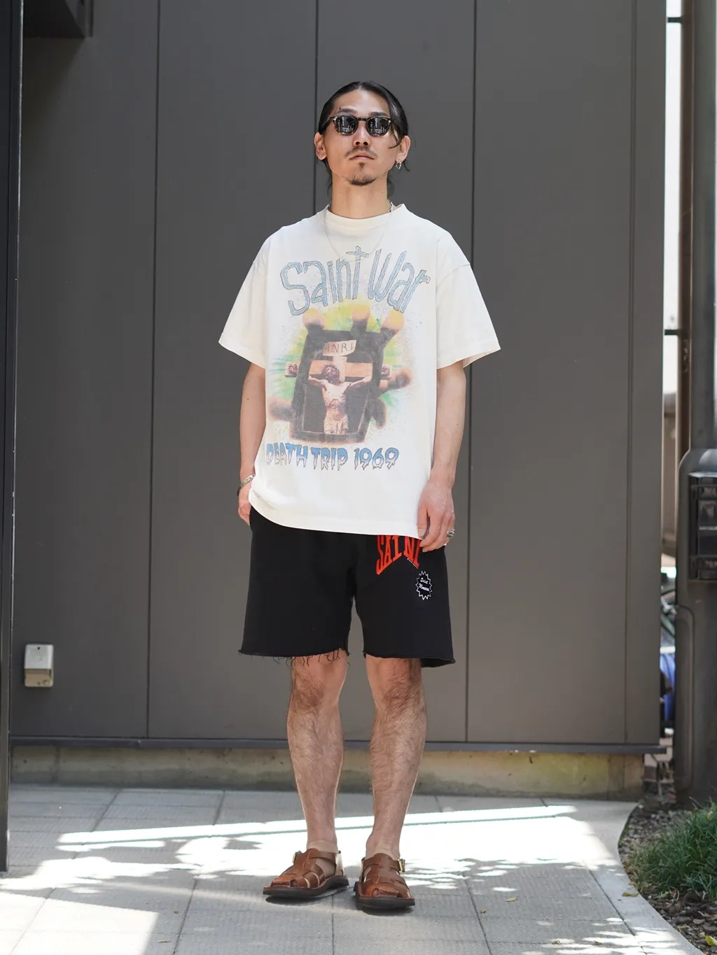 SAINT MICHAEL SAINT WAR TEE/WHAT new style Jesus cross retro short-sleeved, off-white S-XL, ready-to-wear, washed and distressed, printed repeatedly and modified, tube-woven seamless fabric, with little angel anti-counterfeiting label